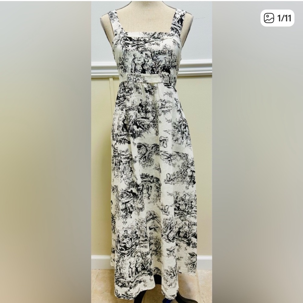 Spighe Di Lino Black and White Printed Dress M size With Side pockets + Back Tie